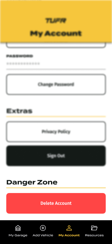 Screenshot of TUFR Garage App account settings