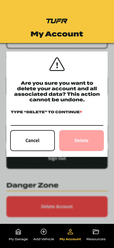 Screenshot of TUFR Garage App delete warning message and confirmation